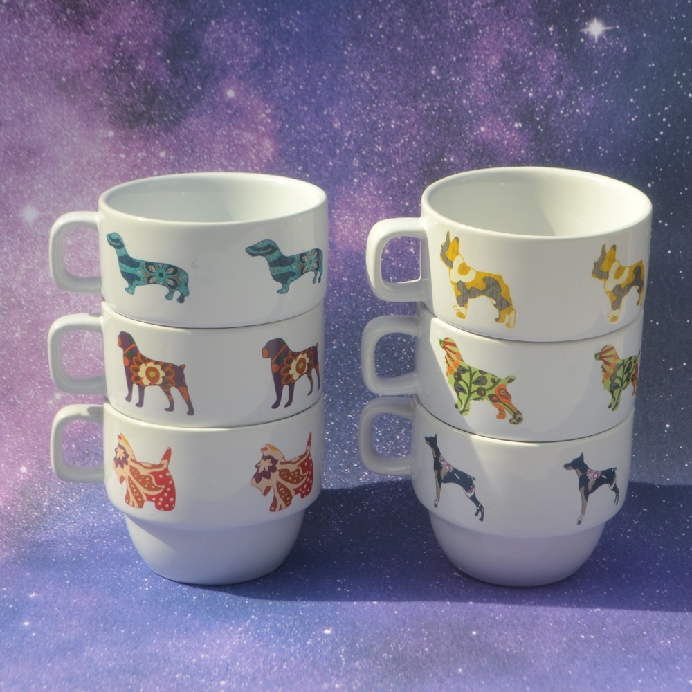 Set of Six World Market Stacking Dog Cups Mugs